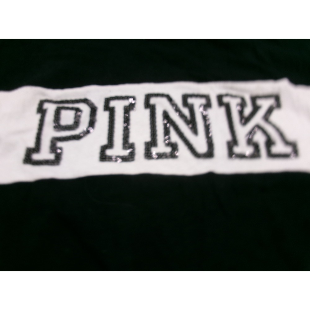 Victoria's Secret PINK Black White Colorblock Glitter Logo Long Sleeve Shirt L - Picture 2 of 15